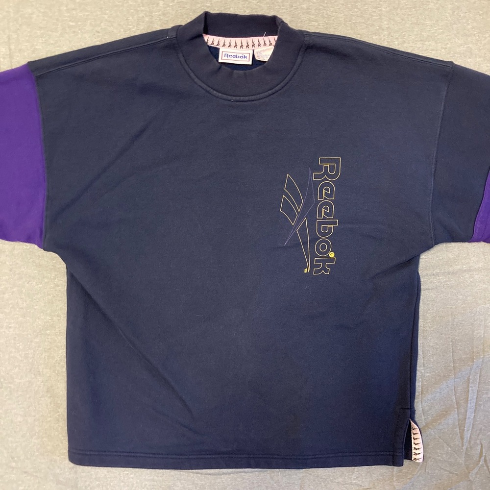 Vintage Reebok Colorblock Sweatshirt Navy Purple Mock Neck Logo Mens Medium - Picture 2 of 10